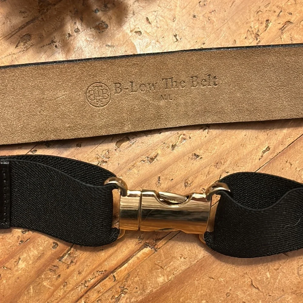B-LOW THE BELT 1.5 inch W- leather & elastic Gore belt with gold clasp buckle.